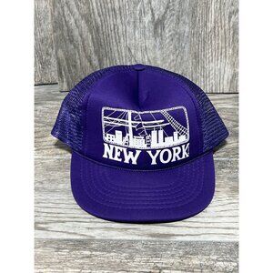 Vintage 80s KC New York City Skyline Purple Trucker Mesh Snapback Hat Cap Retro
